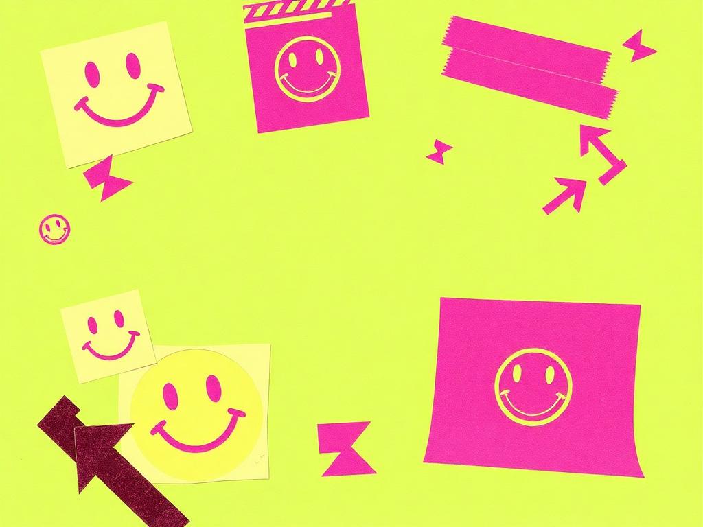 Acid green zine collage with pink smiley stickers and tape